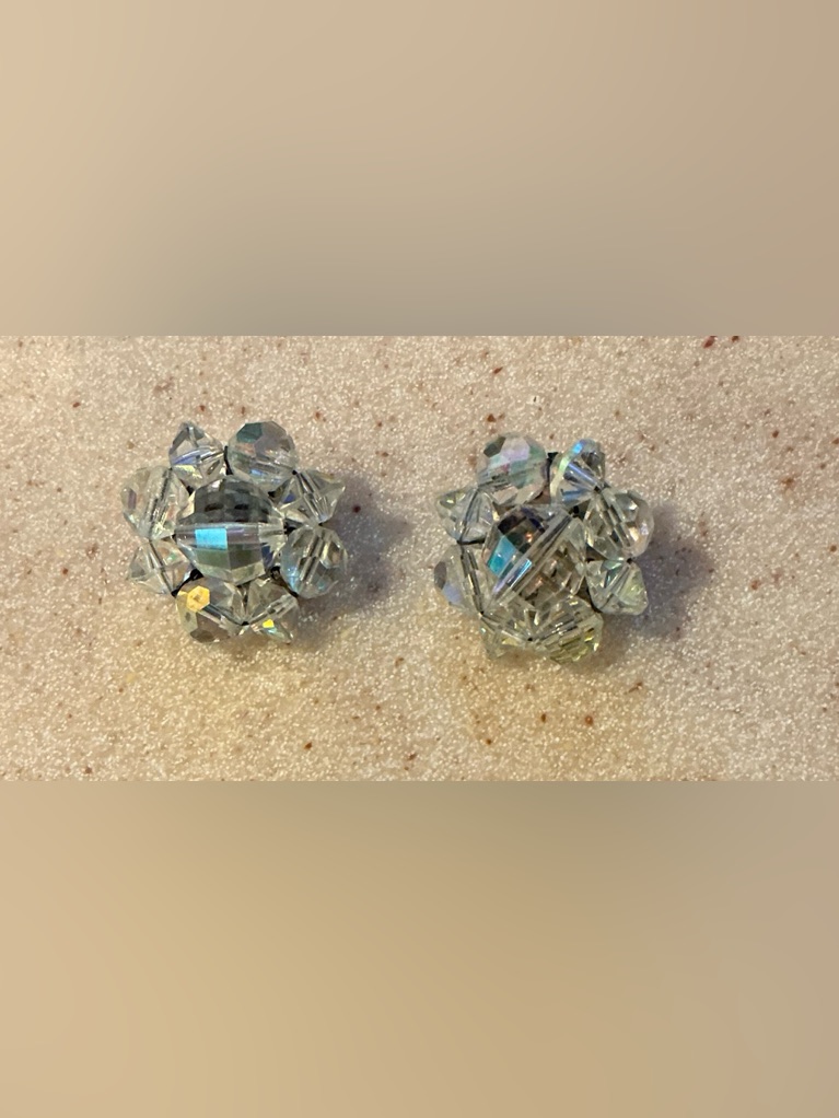 Crystal Cluster Clip Earrings - Iridescent Silver